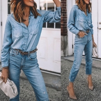Fashion Long Sleeve Dovetail Hem Hooded Denim Coat