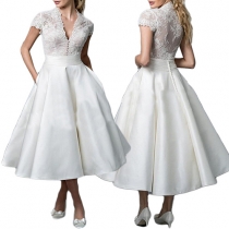 Sexy Deep V-neck Short Sleeve High Waist Lace Spliced Party Dress