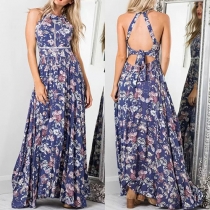 Bohemian Style Backless Slit Hem Sleeveless Printed Maxi Dress