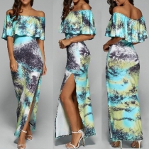 Sexy Off-shoulder Ruffle Boat Neck Slit Hem Printed Dress