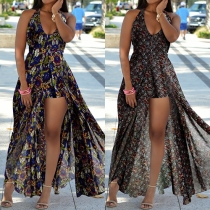 Sexy Backless Deep V-neck Slit Hem Spliced Printed Romper