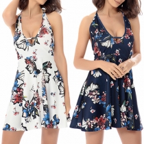 Sexy Backless Deep V-neck Printed Halter Dress