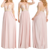 Sexy Backless See-through Gauze Spliced 3/4 Sleeve Round Neck Party Dress