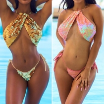 Sexy Backless Sequin Halter Bikini Set