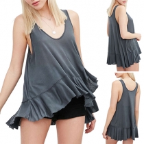 Fashion Solid Color Sleeveless Round Neck Irregular Ruffle Hem Top