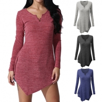 Fashion Solid Color Long Sleeve V-neck Irregular Hem Dress