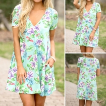 Fashion Short Sleeve V-neck Printed Shift Dress