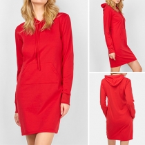 Fashion Solid Color Long Sleeve Hooded Sweatshirt Dress