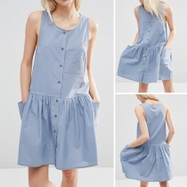 Fresh Style Solid Color Sleeveless Round Neck Single-breasted Dress