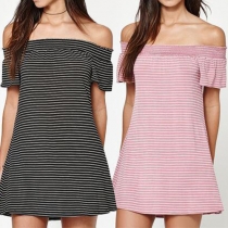 Sexy Off-shoulder Boat Neck Short Sleeve Striped Dress