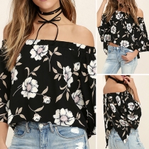 Sexy Off-shoulder Boat Neck Trumpet Sleeve Slit Hem Printed Top