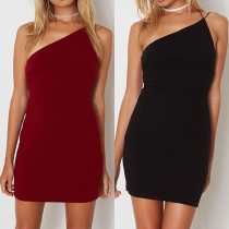 Sexy One-shoulder Backless Solid Color Slim Fit Party Dress