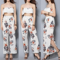 Sexy Bandeau Top + High Waist Slit Hem Wide-leg Pants Printed Two-piece Set