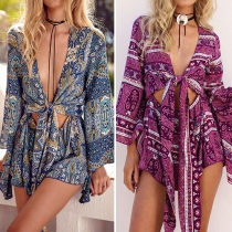 Bohemian Style Lace-up Deep V-neck Trumpet Sleeve Printed Romper