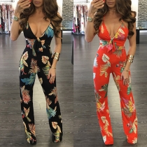 Sexy Backless Deep V-neck High Waist Slim Fit Sling Printed Jumpsuit
