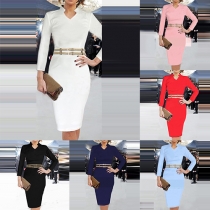 OL Style Long Sleeve V-neck Slim Fit Solid Color Pencil Dress