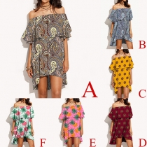 Sexy Off-shoulder Boat Neck High-low Hem Printed Dress