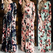 Fashion Long Sleeve Round Neck High Waist Printed Maxi Dress