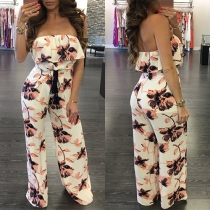 Sexy Strapless Ruffle High Waist Printed Jumpsuit