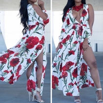 Sexy Off-shoulder Deep V-neck Slit Hem Long Sleeve Printed Party Dress