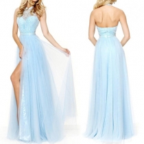 Sexy Backless Lace Gauze Spliced Slit Hem High Waist Evening Dress