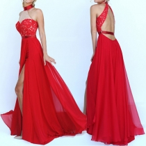 Sexy Backless Lace Spliced Slit Hem Halter Dress