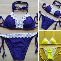Sexy Lace Spliced Lace-up Halter Bikini Set