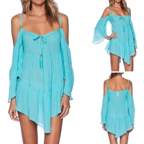 Sexy Off-shoulder Trumpet Sleeve Irregular Hem Solid Color Cami Dress