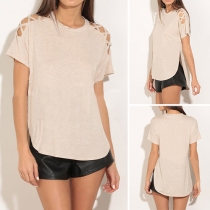 Fashion Solid Color Hollow Out Short Sleeve Slit Hem T-shirt