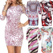 Fashion Half Sleeve Round Neck Slim Fit Printed Dress