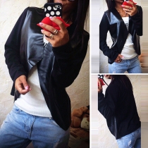 Fashion Solid Color Long Sleeve PU Spliced Cardigan Coat