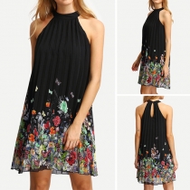 Fashion Sleeveless Round Neck Printed Pleated Dress