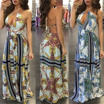 Bohemian Style Backless Deep V-neck Printed Halter Dress