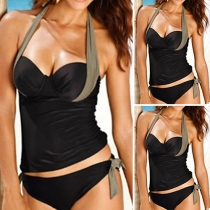 Sexy Contrast Color Halter Swimsuit Set