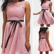 Fashion Lace Spliced Sleeveless Round Neck Chiffon Dress