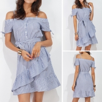 Sexy Off-shoulder Short Sleeve Ruffle Hem Striped Dress