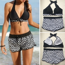 Sexig Halter Bikini Top + Print Shorts Baddräkt Set