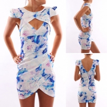 Sexy Backless Hollow Out Cap Sleeve Round Neck Irregular Hem Printed Dress