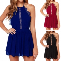 Sexy Backless Lace Spliced Solid Color Halter Dress