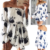 Sexy Off-shoulder Boat Neck Long Sleeve Elastic Waist Printed Dress