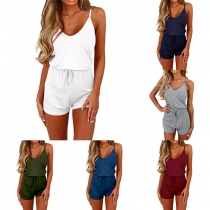 Fashion Solid Color V-neck Elastic Waist Cami Romper
