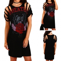 Fashion Printed Short Sleeve Round Neck Hollow Out Ripped T-shirt Dress