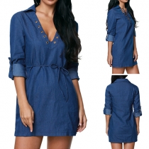 Fashion Long Sleeve Lace-up V-neck Denim Dress