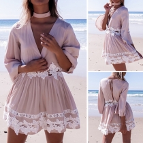 Sexy Deep V-neck 3/4 Trumpet Sleeve Lace Spliced Dress