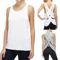 Sexy Crossover Backless Sleeveless Round Neck Solid Color Irregular T-shirt