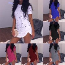 Chic Style Short Sleeve Round Neck Solid Color Ripped Dress