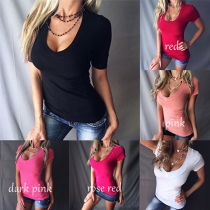 Fashion Solid Color Short Sleeve V-neck T-shirt