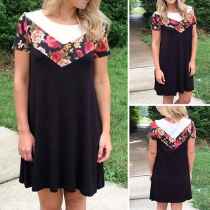Fashion Contrast Color Printed Spliced Short Sleeve Round Neck Dress