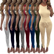 Sexy Backless Sleeveless Round Neck Lace-up High Waist Slim Fit Jumpsuit