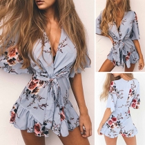 Sexy Deep V-neck Short Sleeve Ruffle Hem Printed Romper